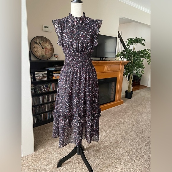 AQUA Flutter Sleeve Midi Sheer Fabric Dress Smocked Waist Confetti Print Size XS - Picture 2 of 13